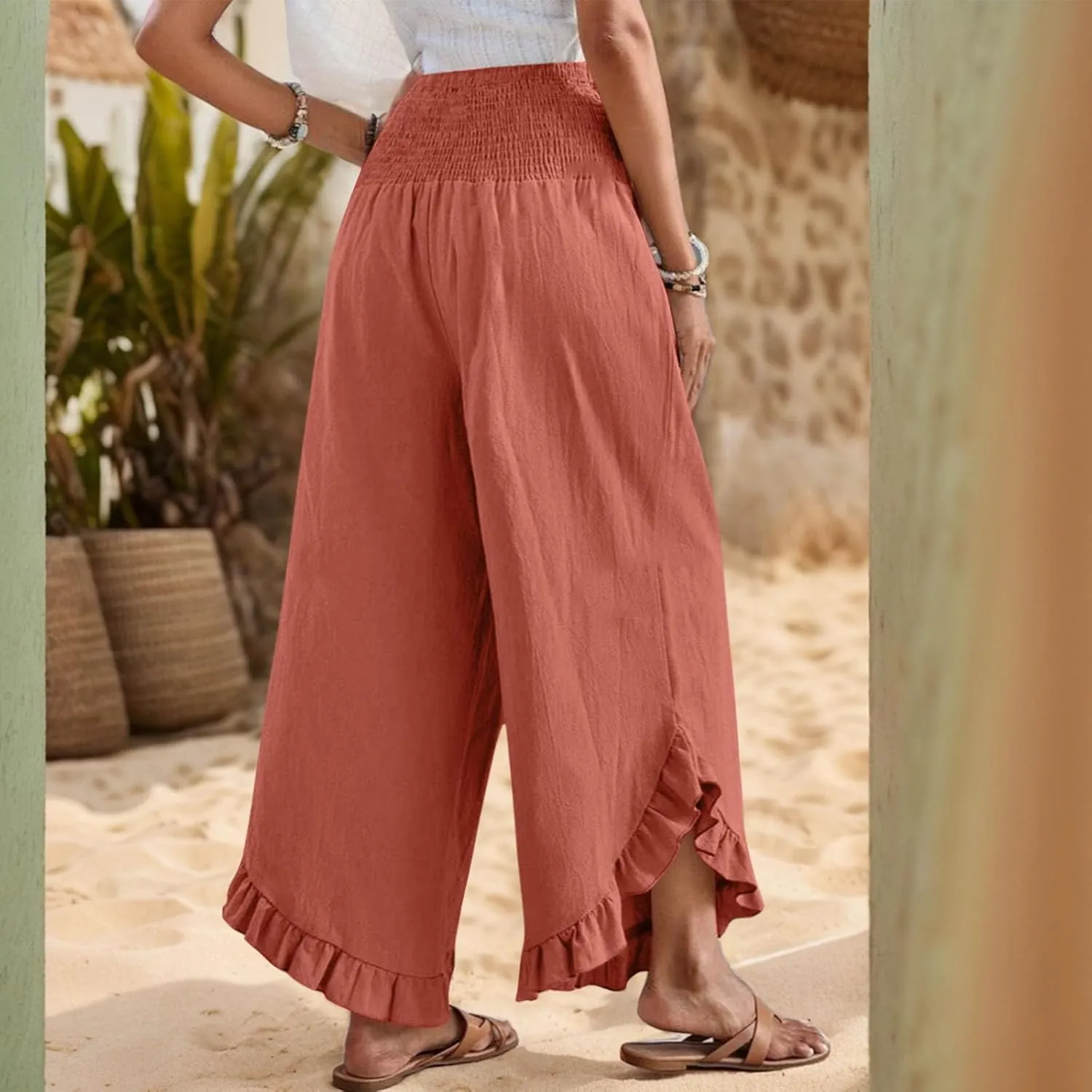 Wide Leg Linen Pants Women Boho High Waisted Ruffle Palazzo Pants Flowy Summer Resort Wear Vacation Beach Trousers