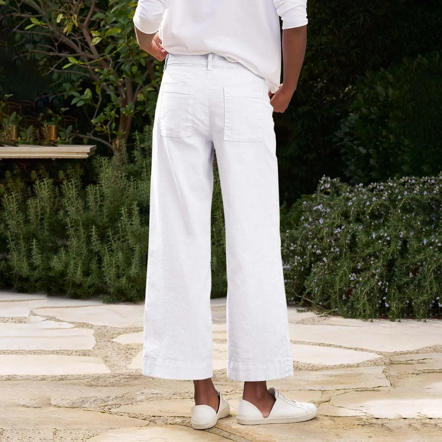 Wide Leg Linen Pants Women Cropped Elastic High Waisted Dress Pants Business Casual Comfy Work Pants with Pockets