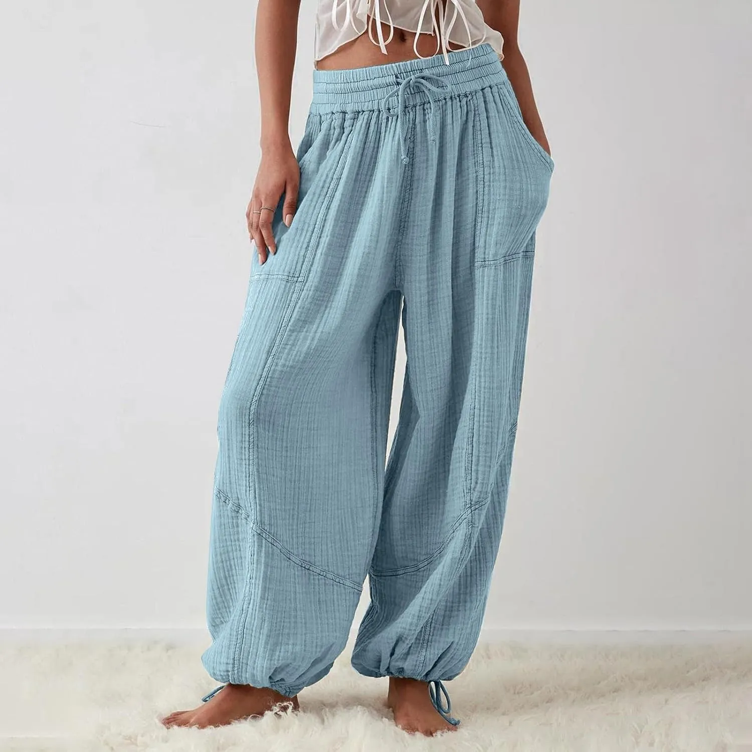 Wide Leg Pants for Women Casual Elastic High Waisted Drawstring Loose Pants Lightweight Travel Palazzo Trousers