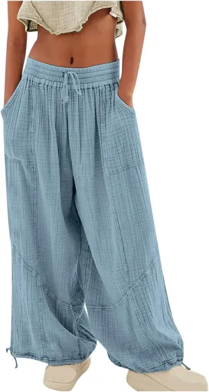 Wide Leg Pants for Women Casual Elastic High Waisted Drawstring Loose Pants Lightweight Travel Palazzo Trousers