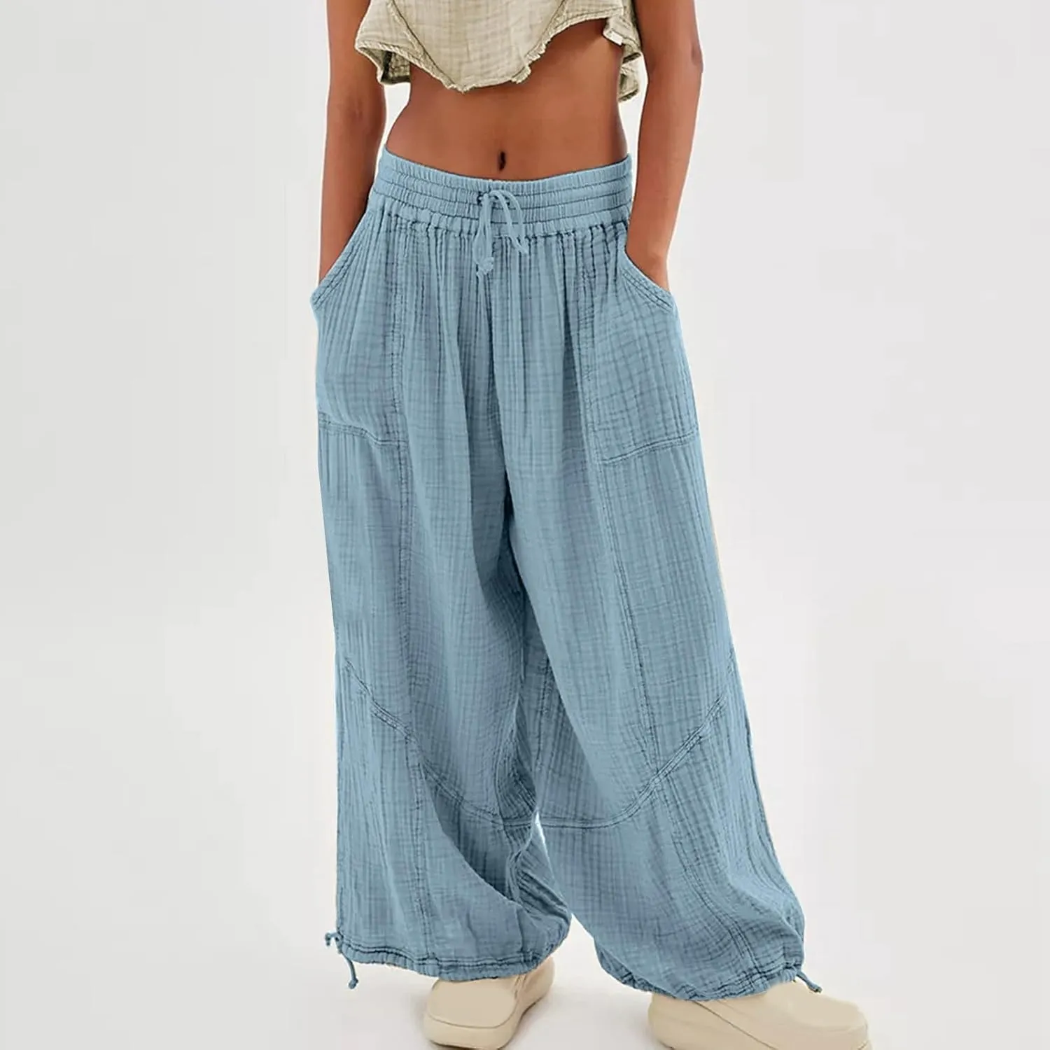 Wide Leg Pants for Women Casual Elastic High Waisted Drawstring Loose Pants Lightweight Travel Palazzo Trousers