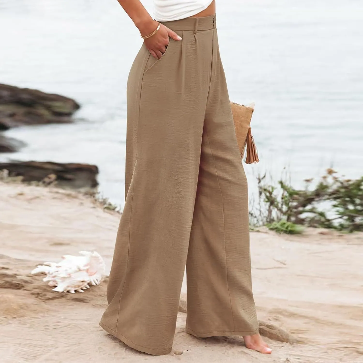 Wide Leg Pants Woman Summer High Waisted Dress Pants Trousers Lightweight Comfy Elastic Waist Pants with Pockets