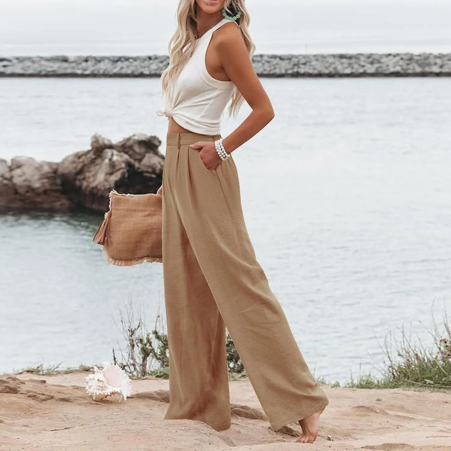 Wide Leg Pants Woman Summer High Waisted Dress Pants Trousers Lightweight Comfy Elastic Waist Pants with Pockets