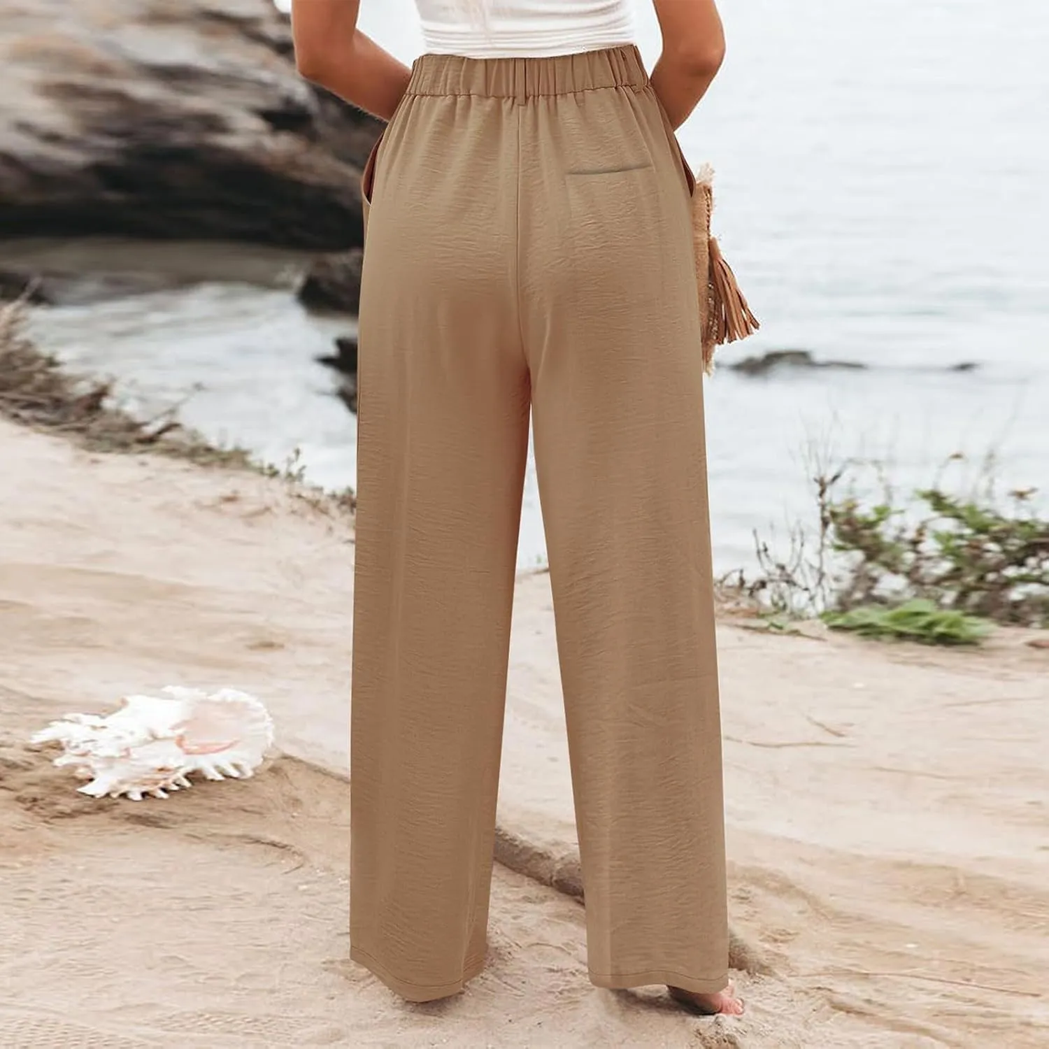 Wide Leg Pants Woman Summer High Waisted Dress Pants Trousers Lightweight Comfy Elastic Waist Pants with Pockets