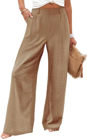 Wide Leg Pants Woman Summer High Waisted Dress Pants Trousers Lightweight Comfy Elastic Waist Pants with Pockets