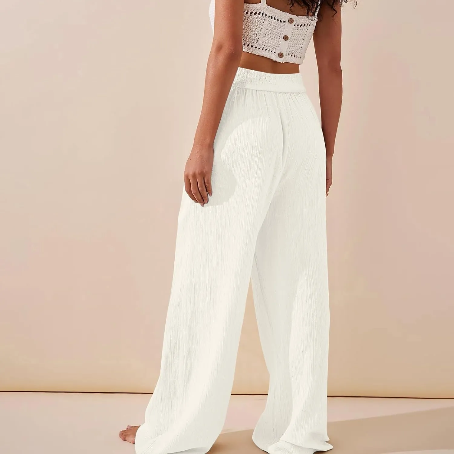 Wide Leg Summer Pants for Women Tummy Control Palazzo Pant Crossover Trousers Beach High Waisted Pants