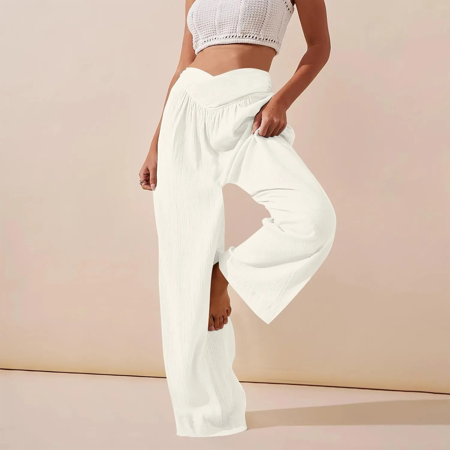 Wide Leg Summer Pants for Women Tummy Control Palazzo Pant Crossover Trousers Beach High Waisted Pants