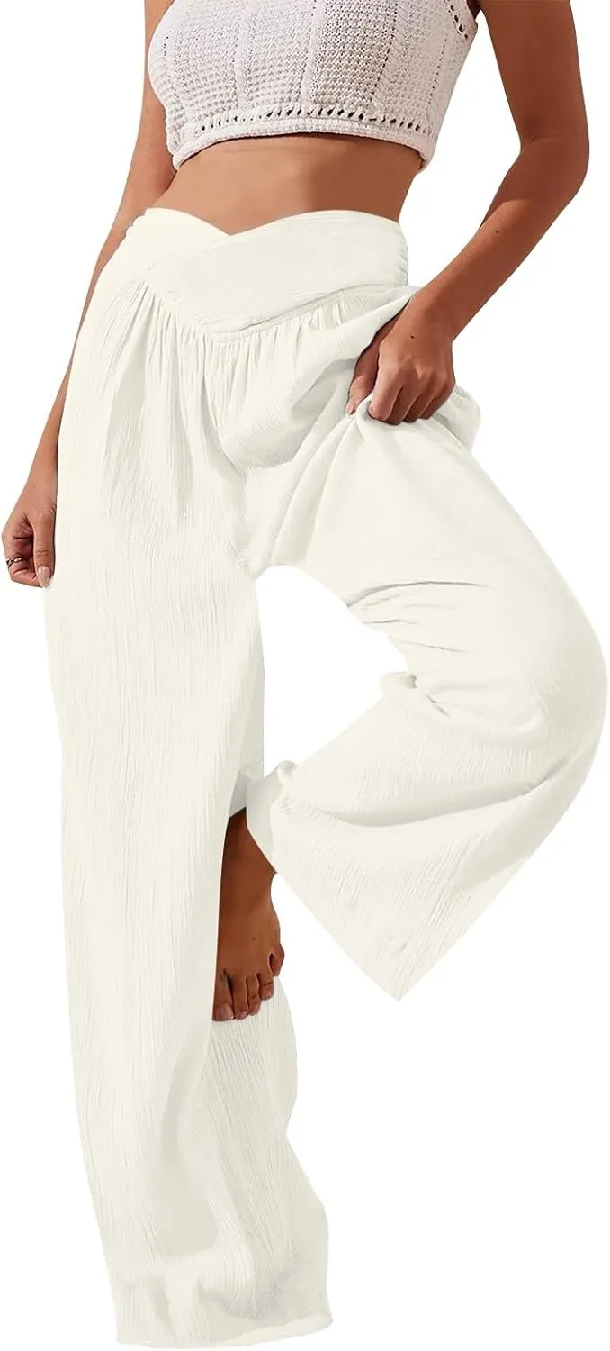 Wide Leg Summer Pants for Women Tummy Control Palazzo Pant Crossover Trousers Beach High Waisted Pants