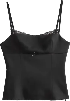 Women Backless Lace Hem Side Zipper Camisole Vintage Thin Straps Square Neck Tops
