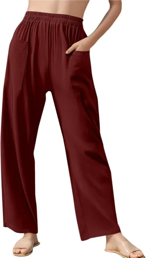 Women Beach Fashion Women Beach Fashion Women's Linen Blend High Waisted Straight Pants, Elastic Drawstring Waist