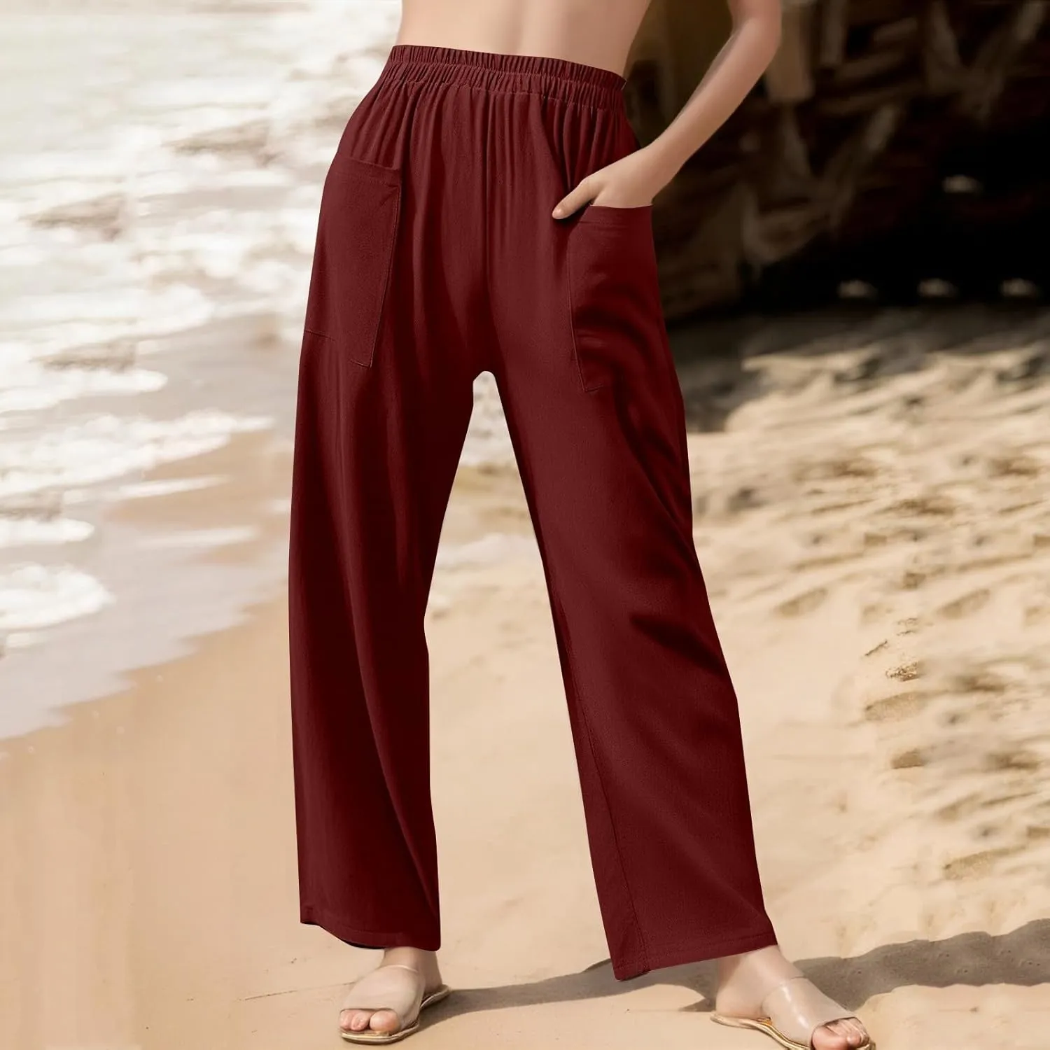 Women Beach Fashion Women Beach Fashion Women's Linen Blend High Waisted Straight Pants, Elastic Drawstring Waist