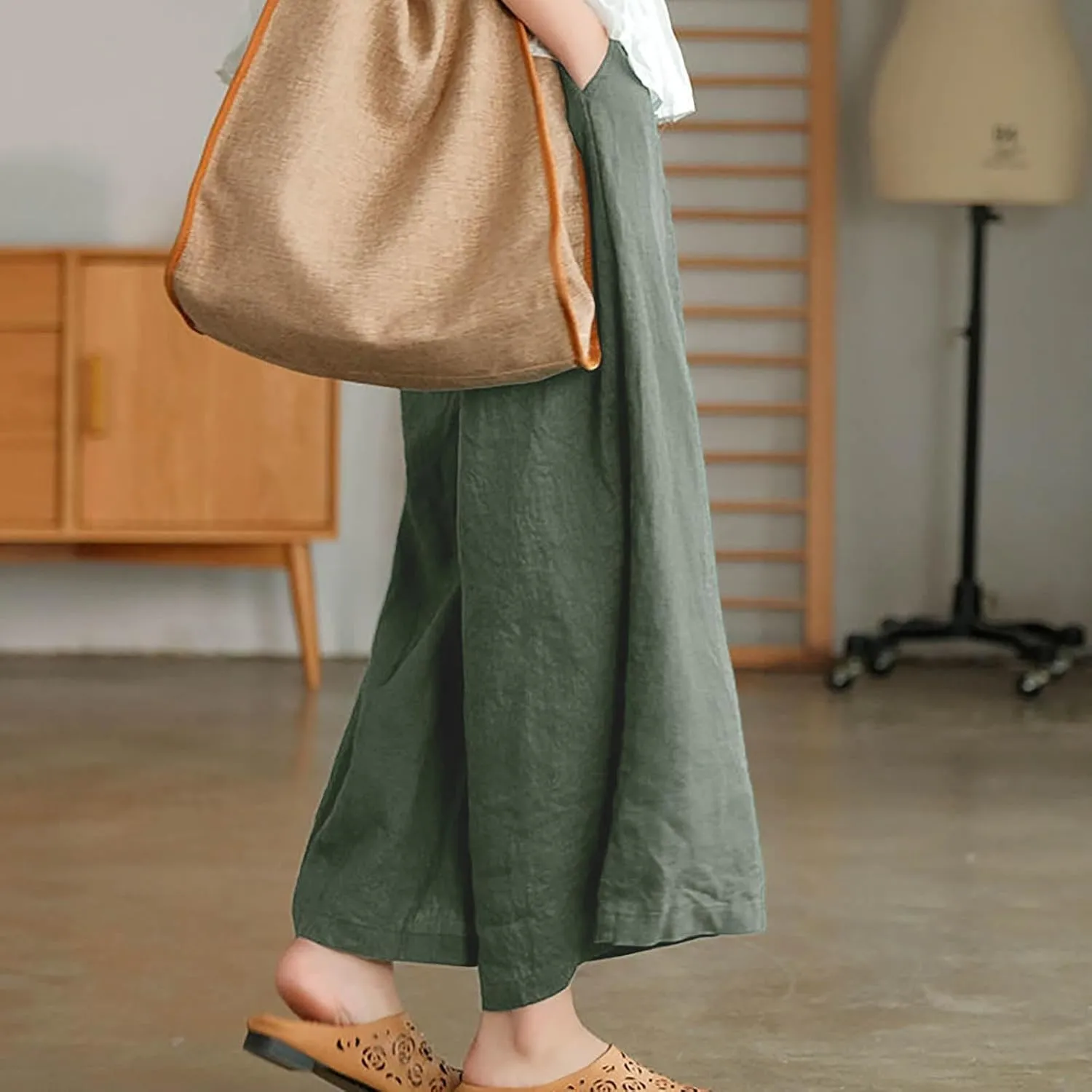 Women Casual High Waist Wide Leg Pants Cotton Linen Palazzo Pant Drawstring Elastic Waist Lounge Trouser with Pockets