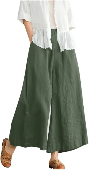 Women Casual High Waist Wide Leg Pants Cotton Linen Palazzo Pant Drawstring Elastic Waist Lounge Trouser with Pockets