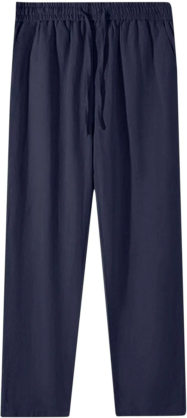 Women Cotton Linen Pants Wide Leg High Waist Flowy Summer Beach Drawstring Pant Beach Travel Vacation Slacks Trousers
