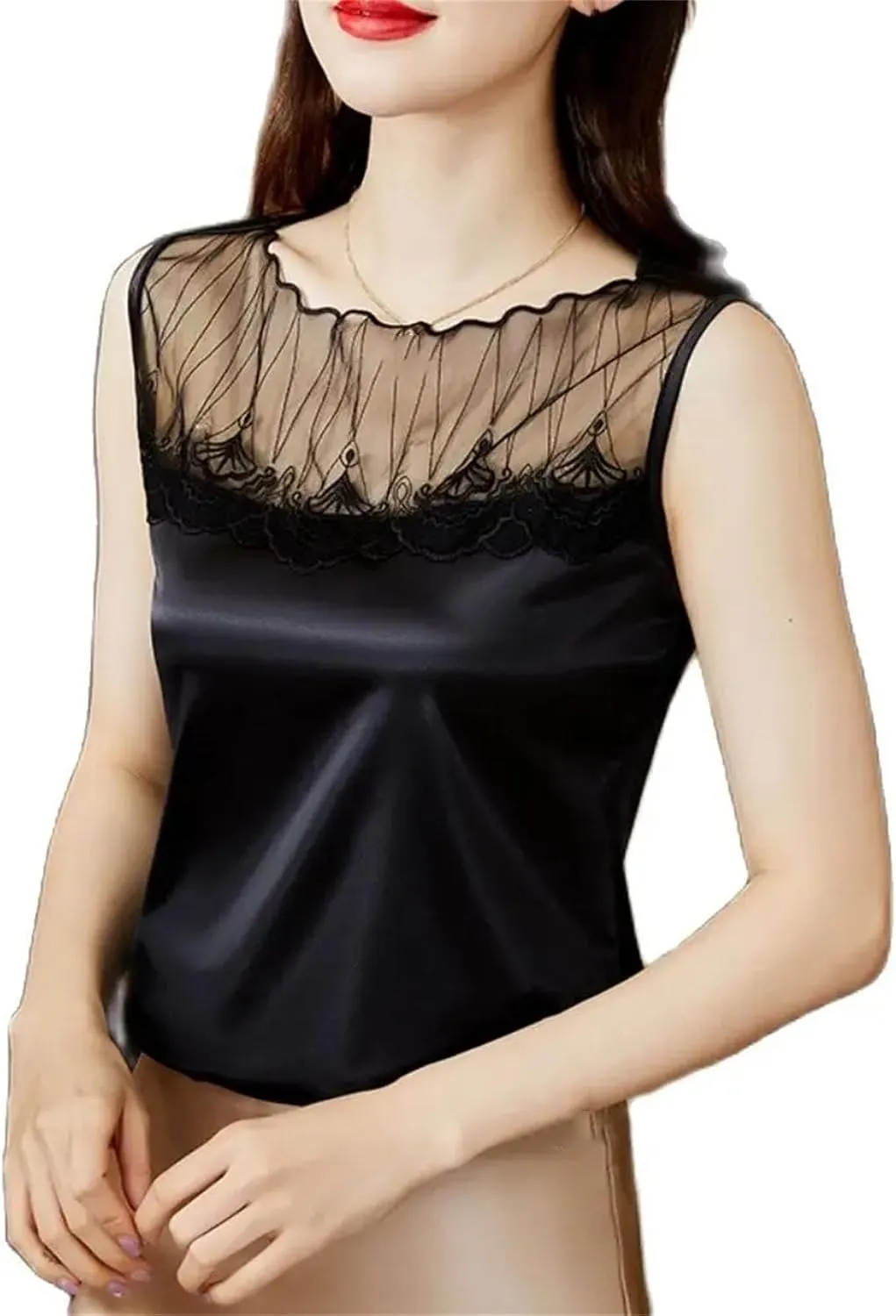Women Crop Basic Sexy Sleeveless Lace Hollow Out Camisole Vest Casual Satin Tank Tops