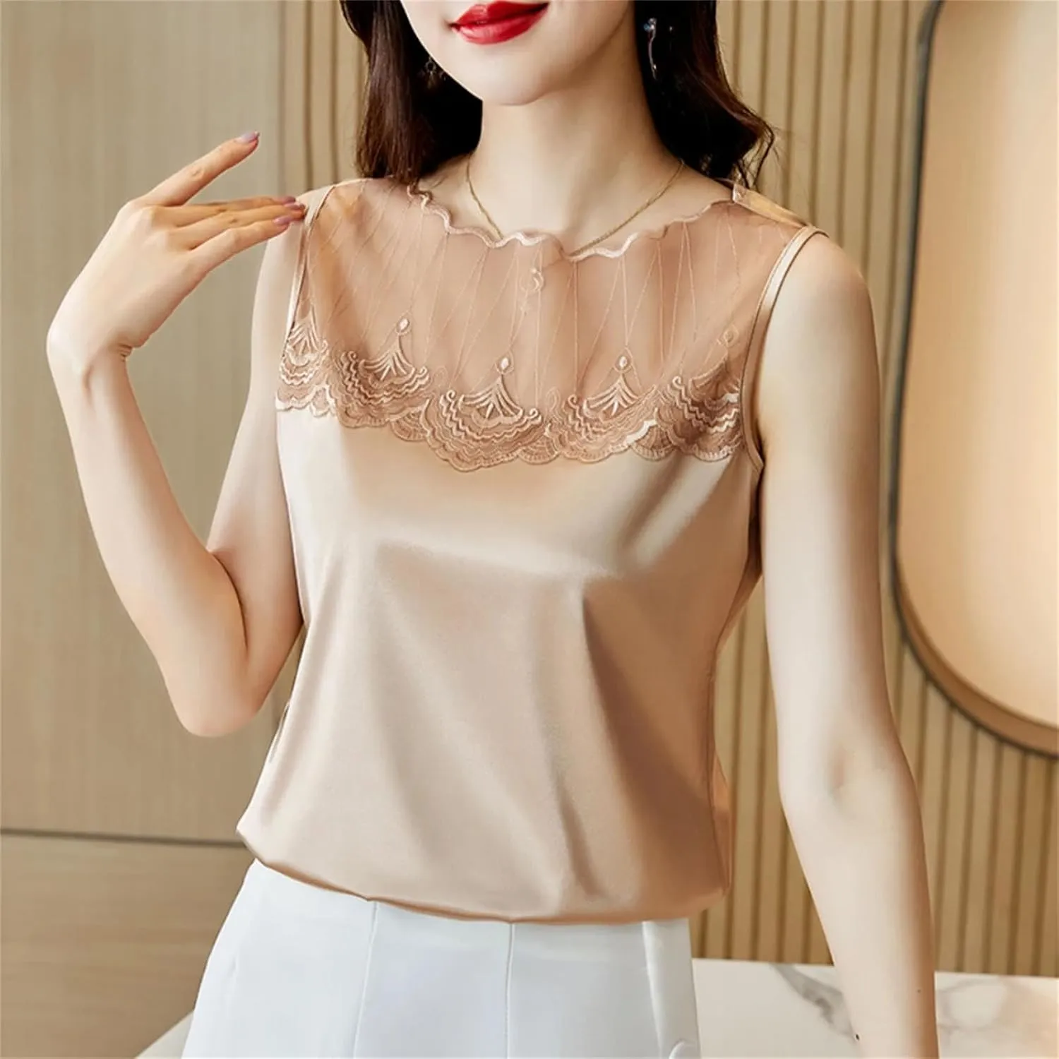 Women Crop Basic Sexy Sleeveless Lace Hollow Out Camisole Vest Casual Satin Tank Tops