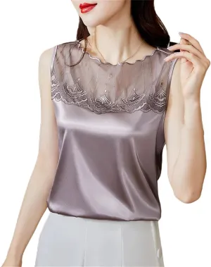 Women Crop Basic Sexy Sleeveless Lace Hollow Out Camisole Vest Casual Satin Tank Tops