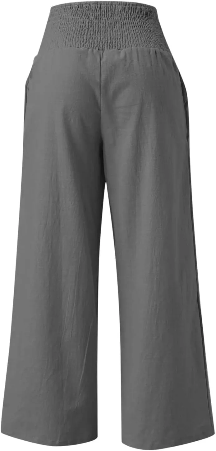 Women Linen Palazzo Pants Summer Wide Leg High Waist Trousers Casual Lounge Pant 2025 Beach Travel Vacation Outfits