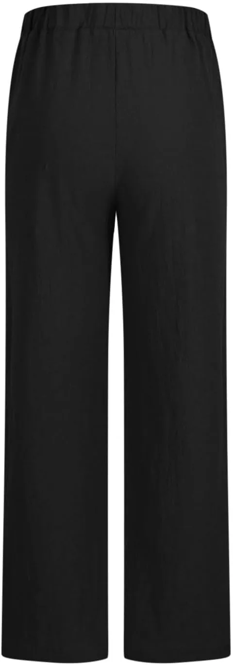Women Linen Pants Summer Lightweight Wide Leg Trousers Drawstring Low Waisted Palazzo Pants with Pockets