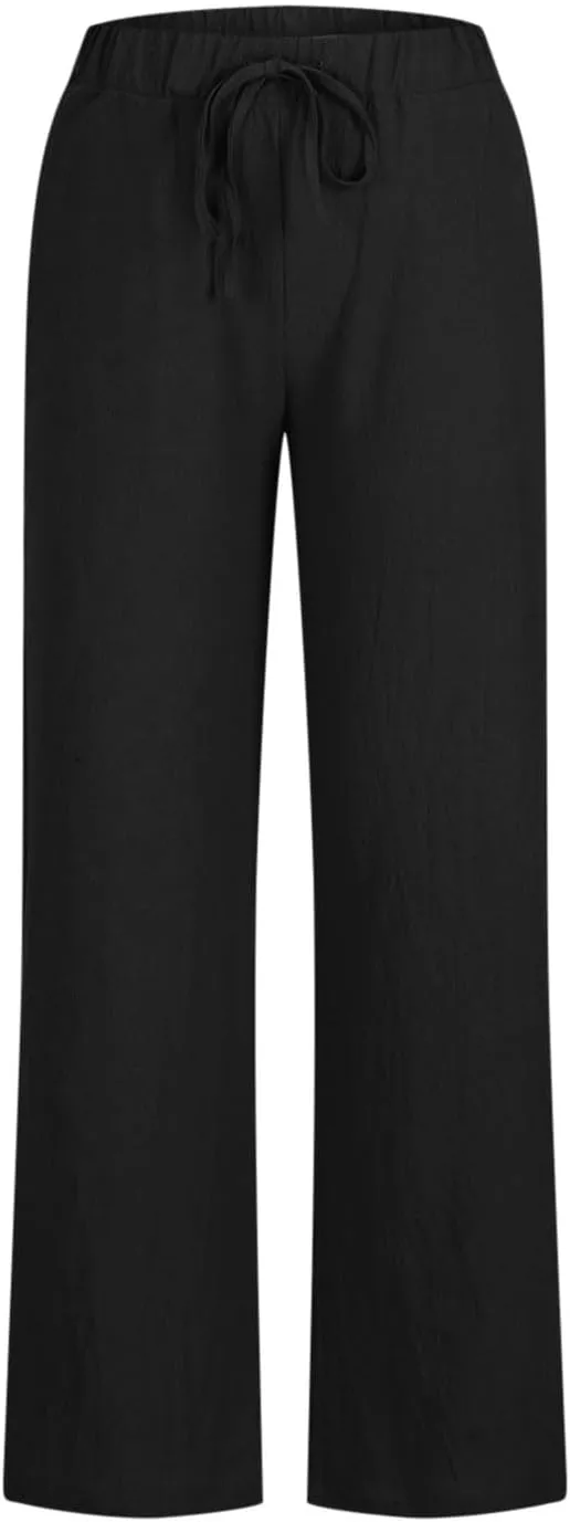 Women Linen Pants Summer Lightweight Wide Leg Trousers Drawstring Low Waisted Palazzo Pants with Pockets
