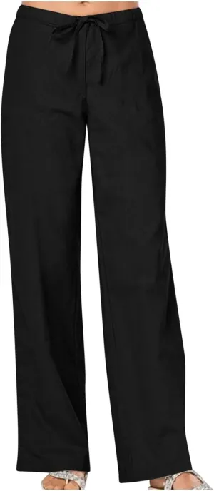 Women Linen Pants Summer Lightweight Wide Leg Trousers Drawstring Low Waisted Palazzo Pants with Pockets