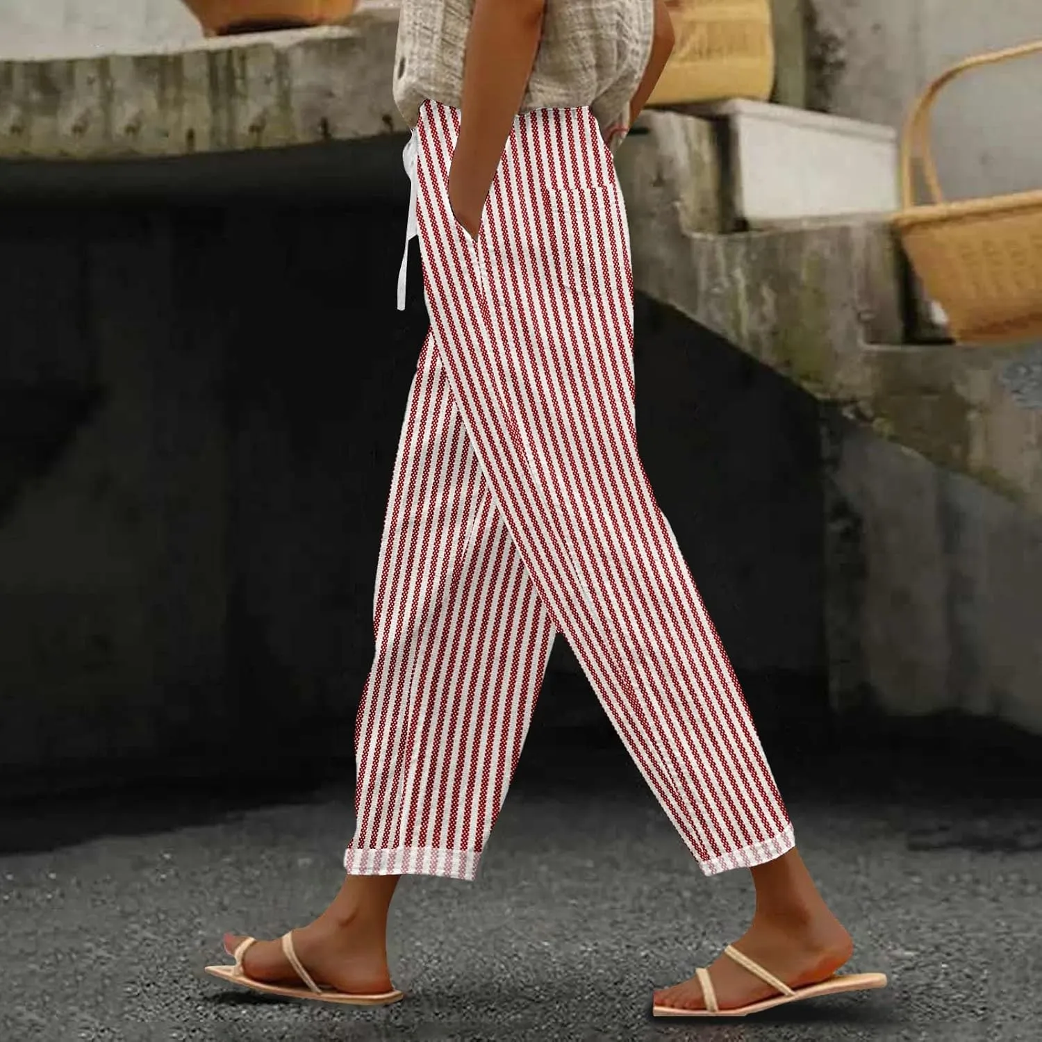 Women Linen Pants Summer Pure High Waist Lounge Bohemian Petite Trousers Trendy Outfit with Pockets