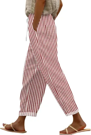 Women Linen Pants Summer Pure High Waist Lounge Bohemian Petite Trousers Trendy Outfit with Pockets