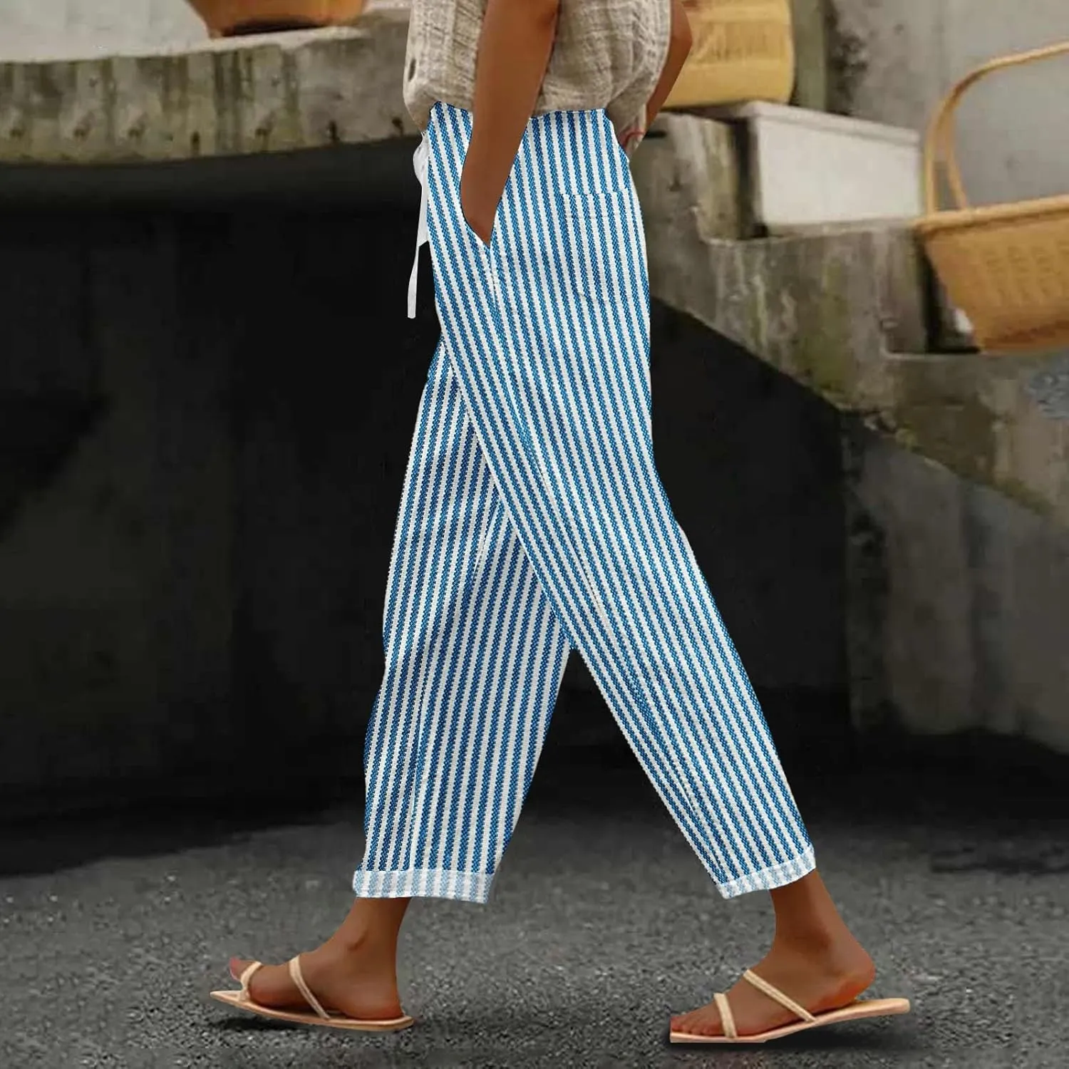 Women Linen Pants Summer Pure High Waist Lounge Bohemian Petite Trousers Trendy Outfit with Pockets
