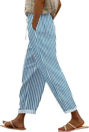 Women Linen Pants Summer Pure High Waist Lounge Bohemian Petite Trousers Trendy Outfit with Pockets
