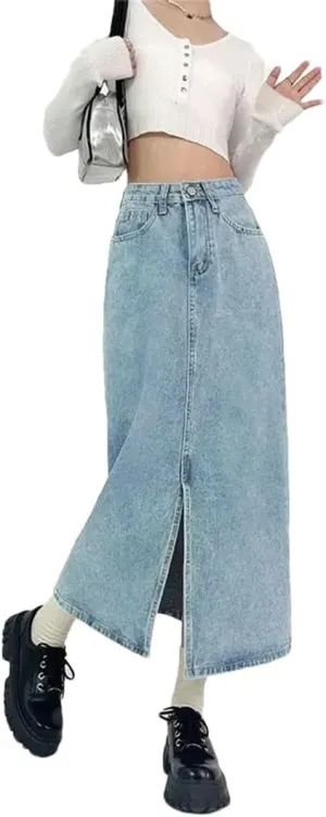 Women Slit A-Line Denim Skirt for Spring High-Waisted Jeans Skirt Light Blue Casual Vintage Clothing Skirt