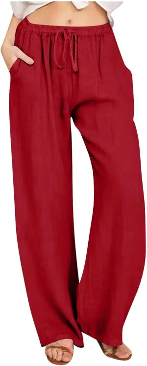 Women Summer High Waisted Pant Cotton Linen Palazzo Pants Wide Leg Pant Long Pant Lounge Pant Trousers with Pockets