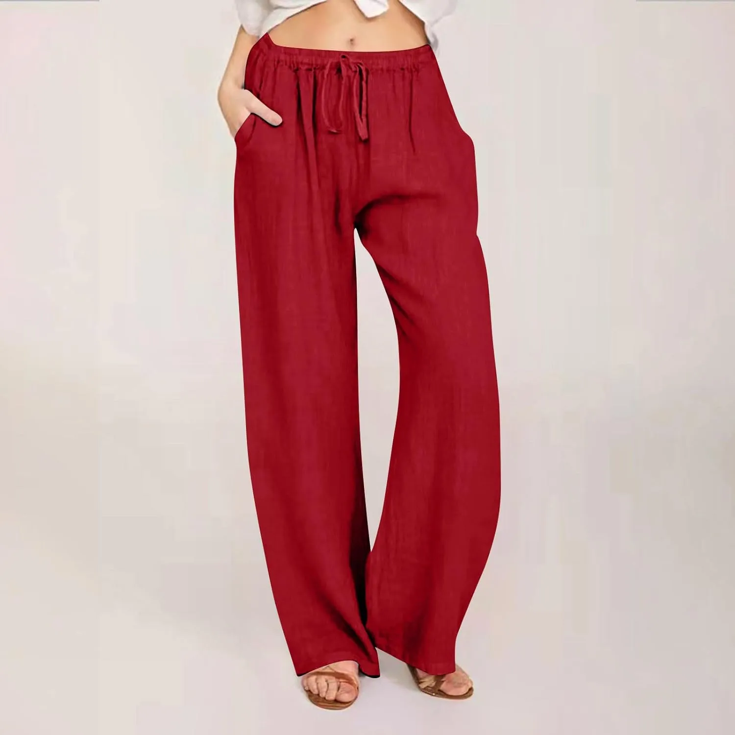 Women Summer High Waisted Pant Cotton Linen Palazzo Pants Wide Leg Pant Long Pant Lounge Pant Trousers with Pockets