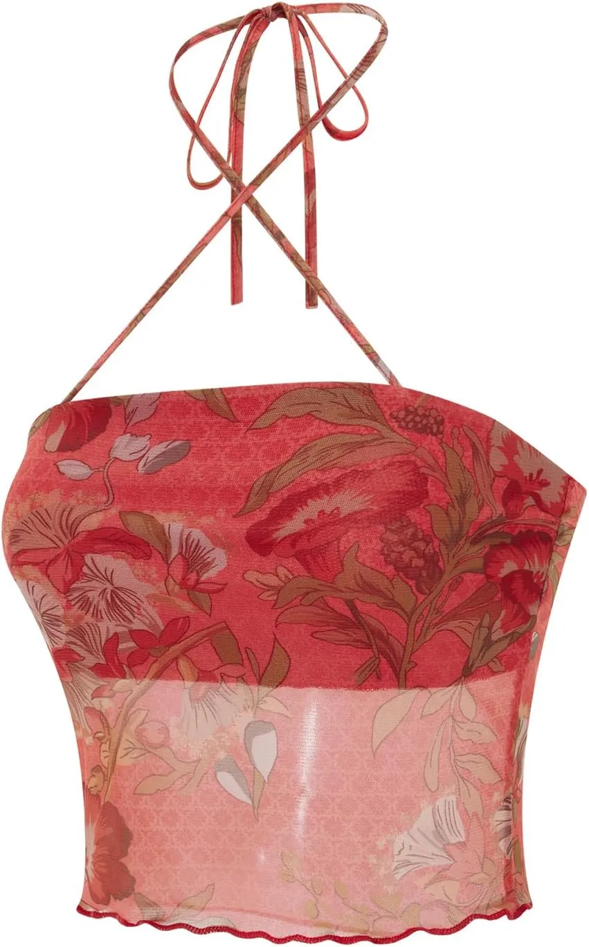 Women Summer Midriff-Baring Camisole Floral Print Stringy Selvedge Hem Hanging Neck Sleeveless Mesh Tops