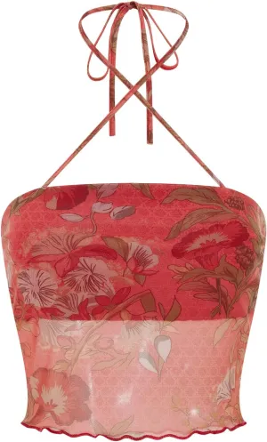 Women Summer Midriff-Baring Camisole Floral Print Stringy Selvedge Hem Hanging Neck Sleeveless Mesh Tops