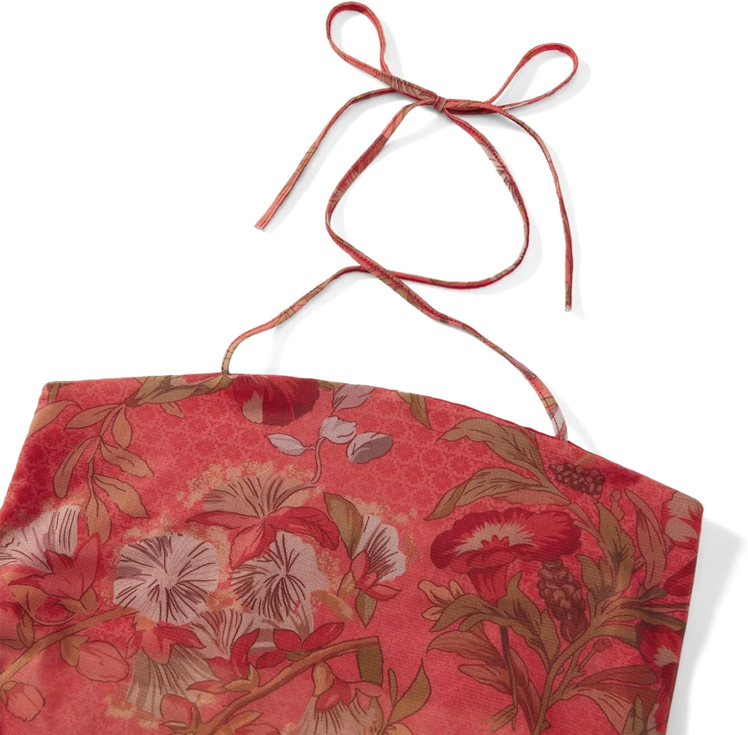 Women Summer Midriff-Baring Camisole Floral Print Stringy Selvedge Hem Hanging Neck Sleeveless Mesh Tops