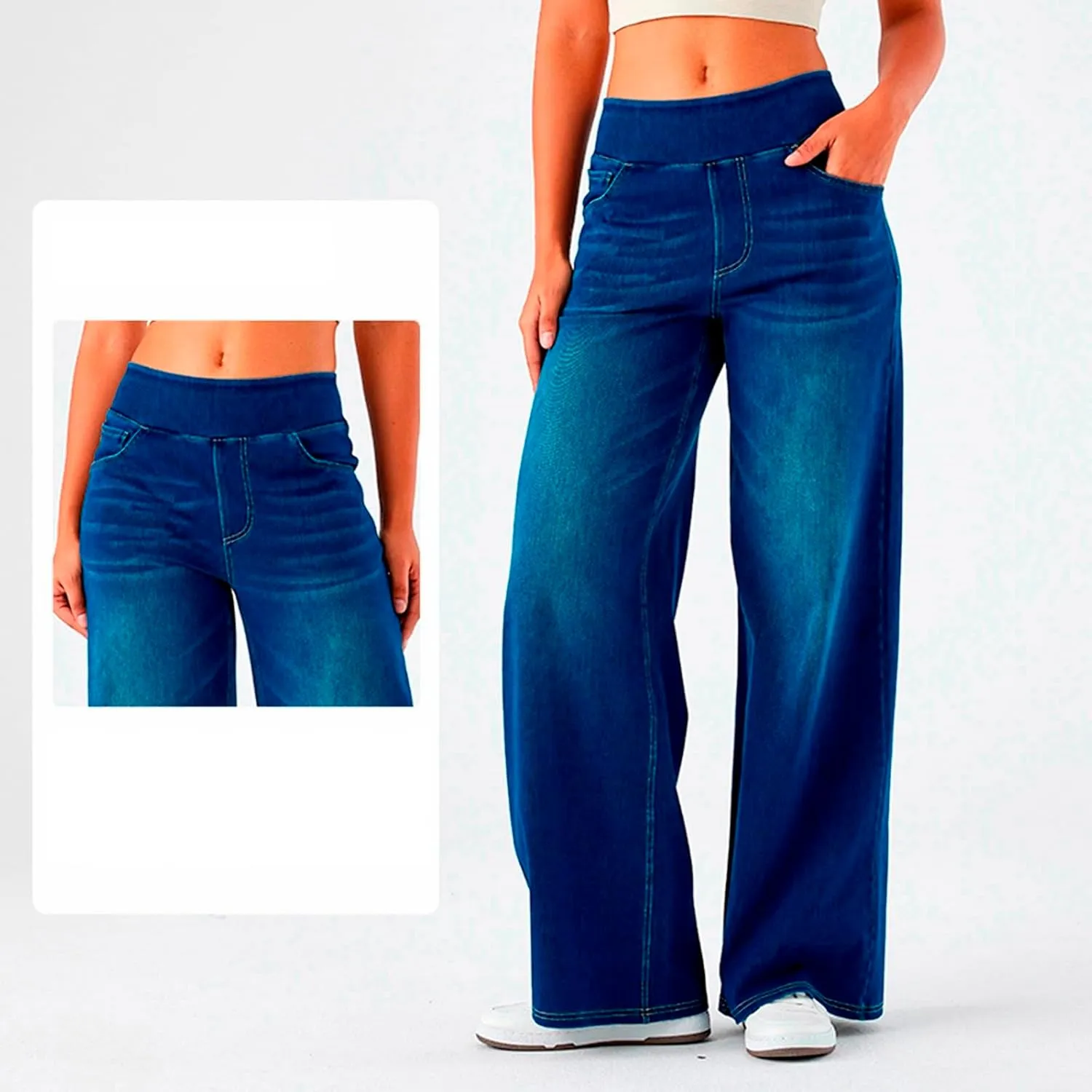 Women Sweatpant Jeans That Look Like Wide Leg Stretchy Denim Pant High Waisted Baggy Streetwear Trousers with Pockets