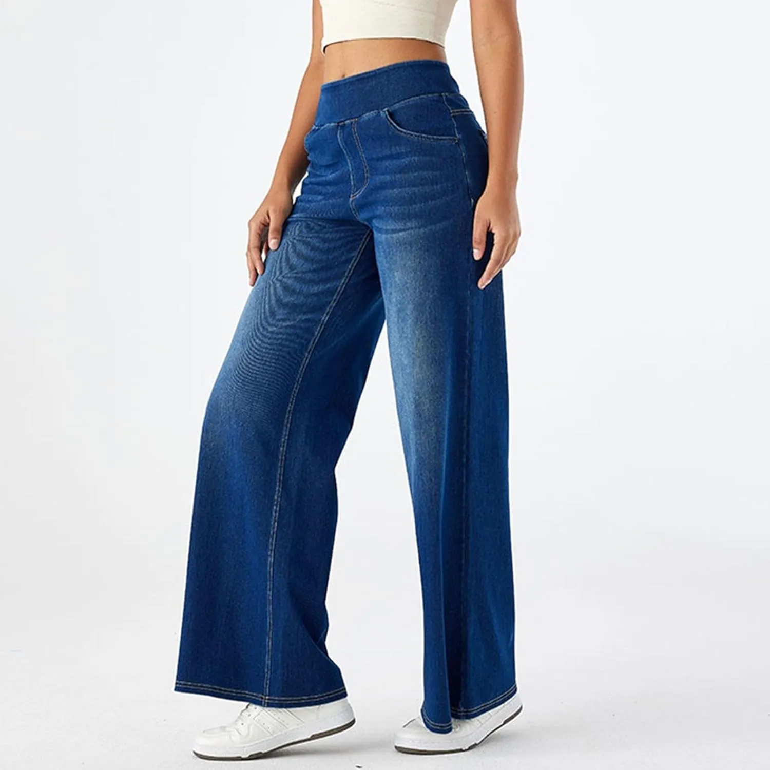 Women Sweatpant Jeans That Look Like Wide Leg Stretchy Denim Pant High Waisted Baggy Streetwear Trousers with Pockets