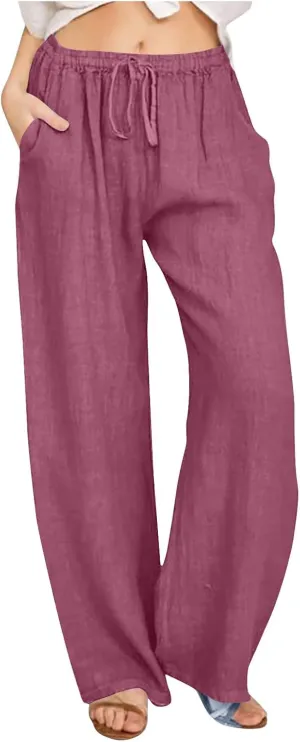Women Trendy Linen Pants 2024 Wide Leg Causal Pants Flowy Palazzo Pants Boho Summer Vacation Outfits with Pockets