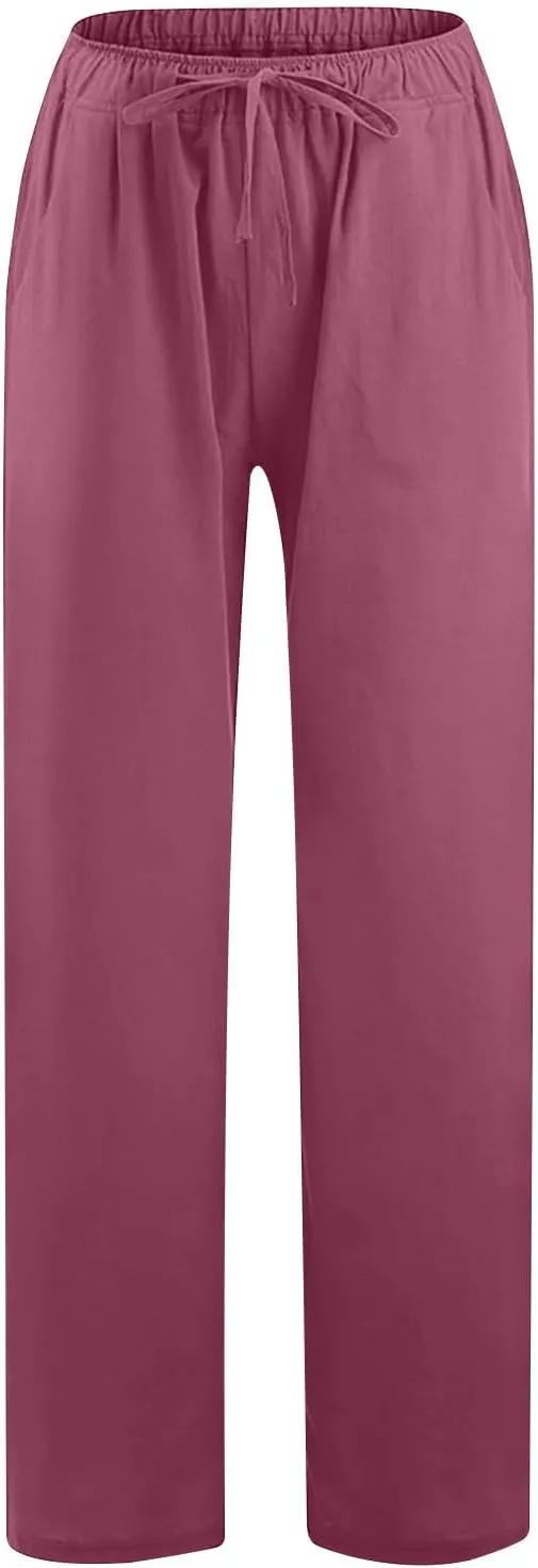 Women Trendy Linen Pants 2024 Wide Leg Causal Pants Flowy Palazzo Pants Boho Summer Vacation Outfits with Pockets