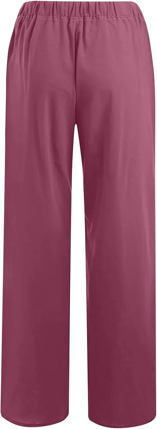 Women Trendy Linen Pants 2024 Wide Leg Causal Pants Flowy Palazzo Pants Boho Summer Vacation Outfits with Pockets