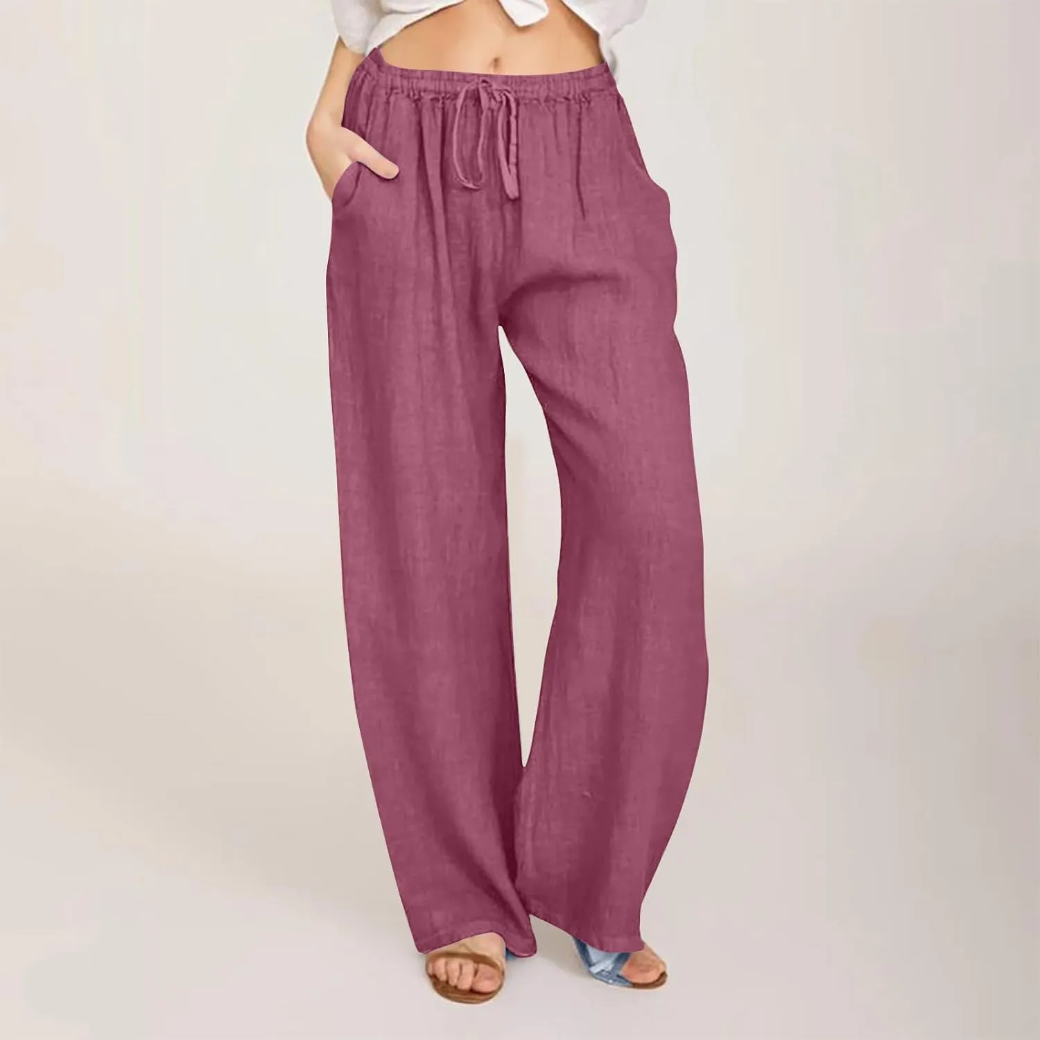 Women Trendy Linen Pants 2024 Wide Leg Causal Pants Flowy Palazzo Pants Boho Summer Vacation Outfits with Pockets