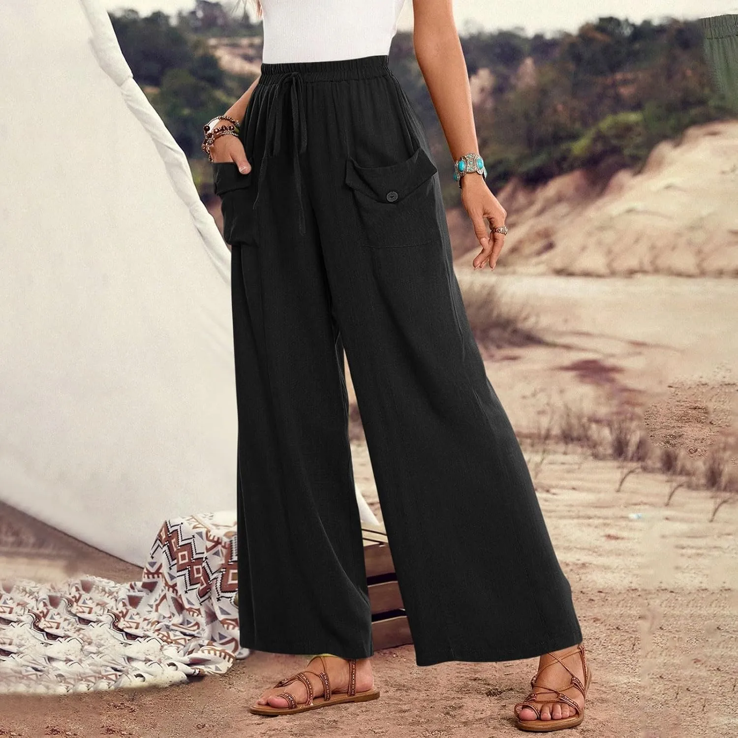 Women Wide Leg Casual Pants Cotton Linen Summer Lightweight Drawstring Elastic Waist Lounge Beach Palazzo with Pockets