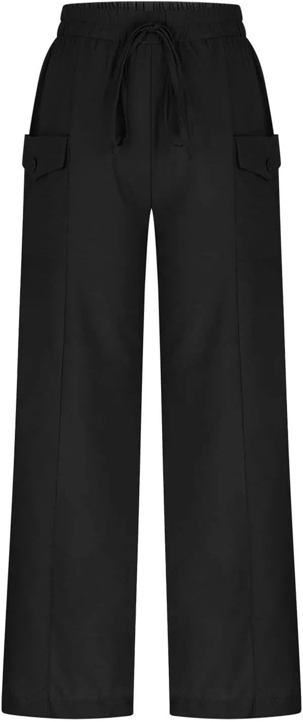Women Wide Leg Casual Pants Cotton Linen Summer Lightweight Drawstring Elastic Waist Lounge Beach Palazzo with Pockets