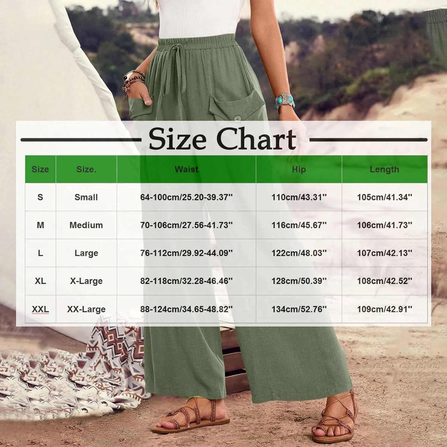 Women Wide Leg Casual Pants Cotton Linen Summer Lightweight Drawstring Elastic Waist Lounge Beach Palazzo with Pockets