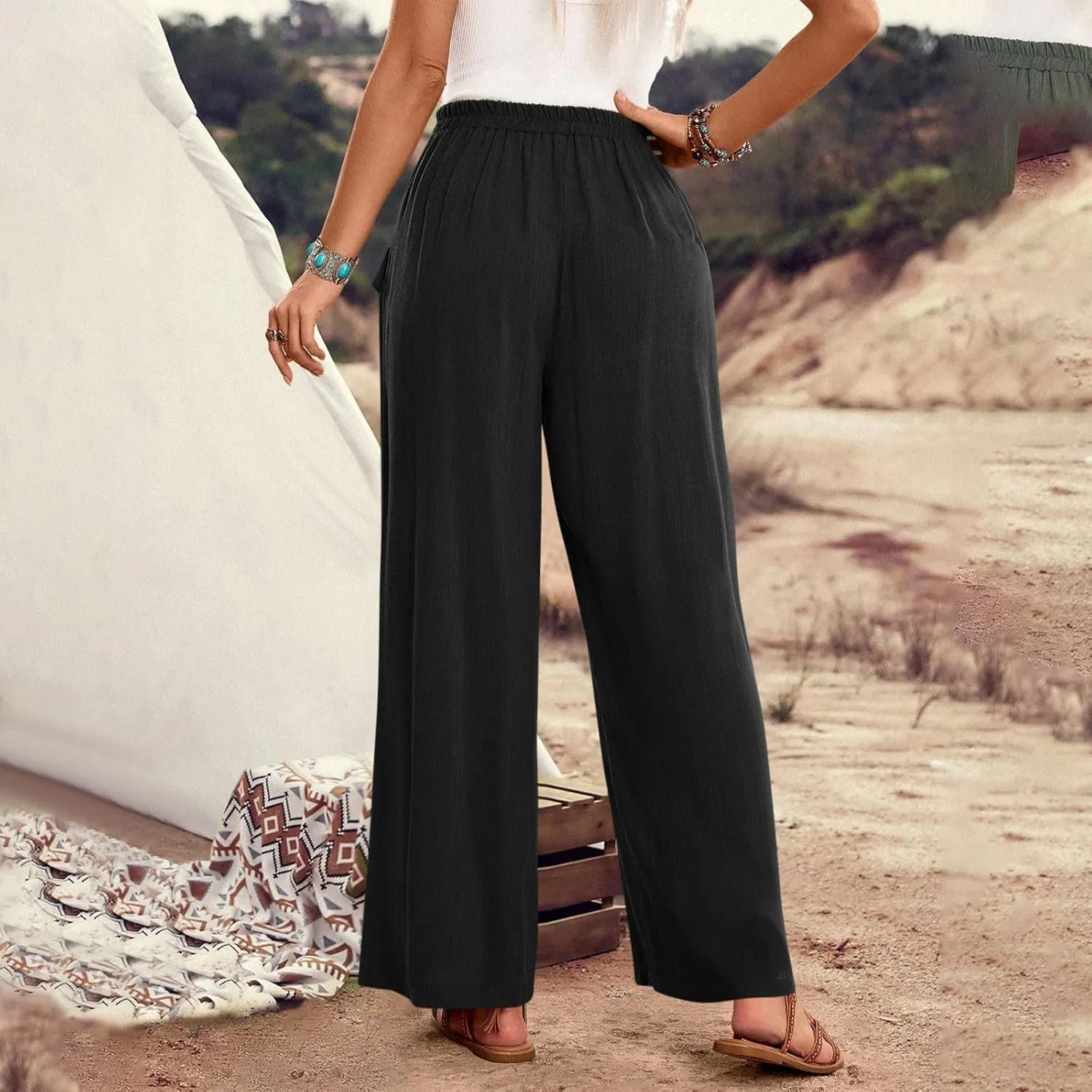 Women Wide Leg Casual Pants Cotton Linen Summer Lightweight Drawstring Elastic Waist Lounge Beach Palazzo with Pockets