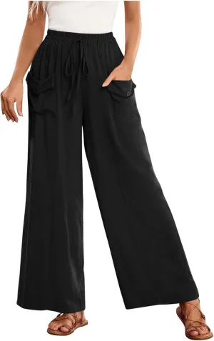Women Wide Leg Casual Pants Cotton Linen Summer Lightweight Drawstring Elastic Waist Lounge Beach Palazzo with Pockets