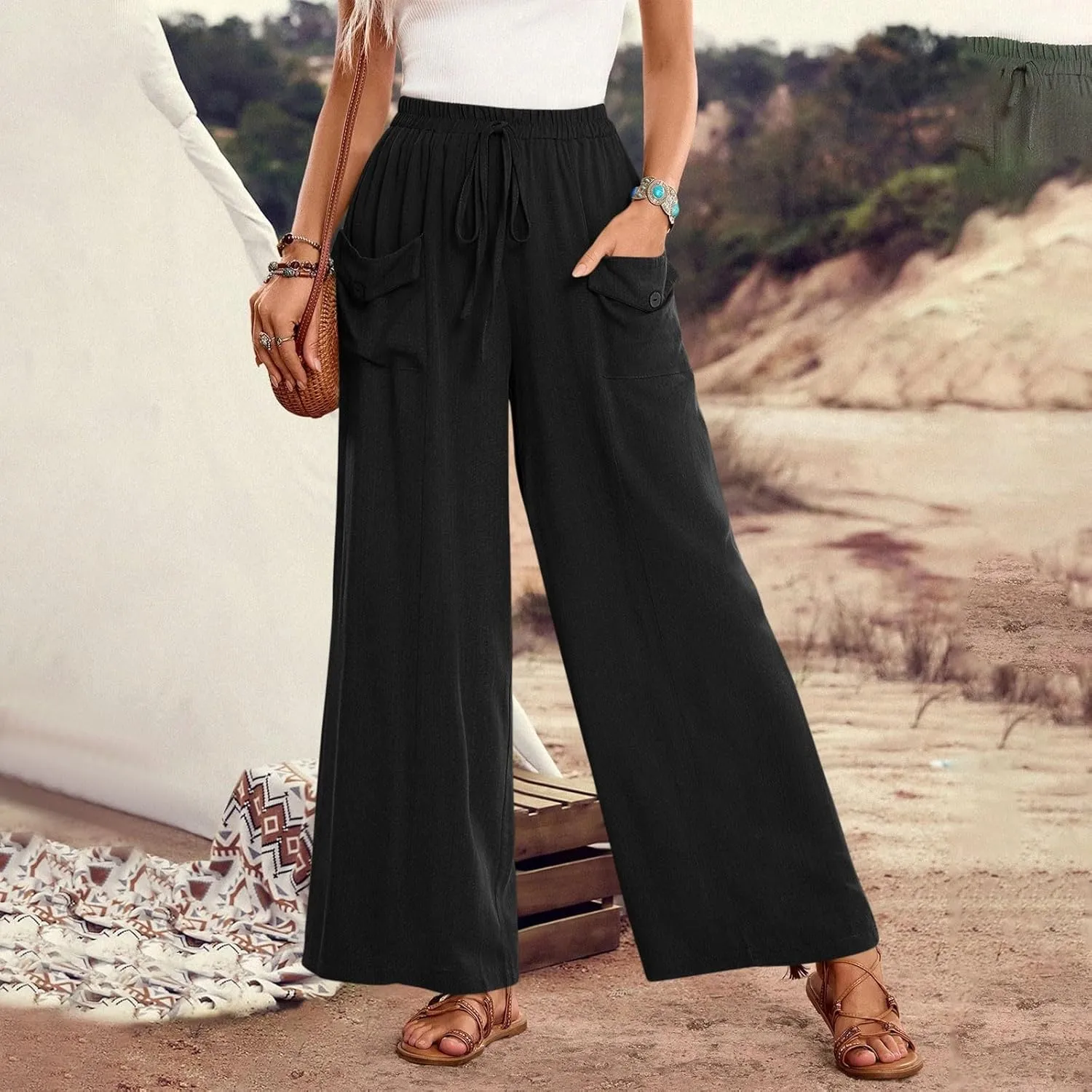 Women Wide Leg Casual Pants Cotton Linen Summer Lightweight Drawstring Elastic Waist Lounge Beach Palazzo with Pockets