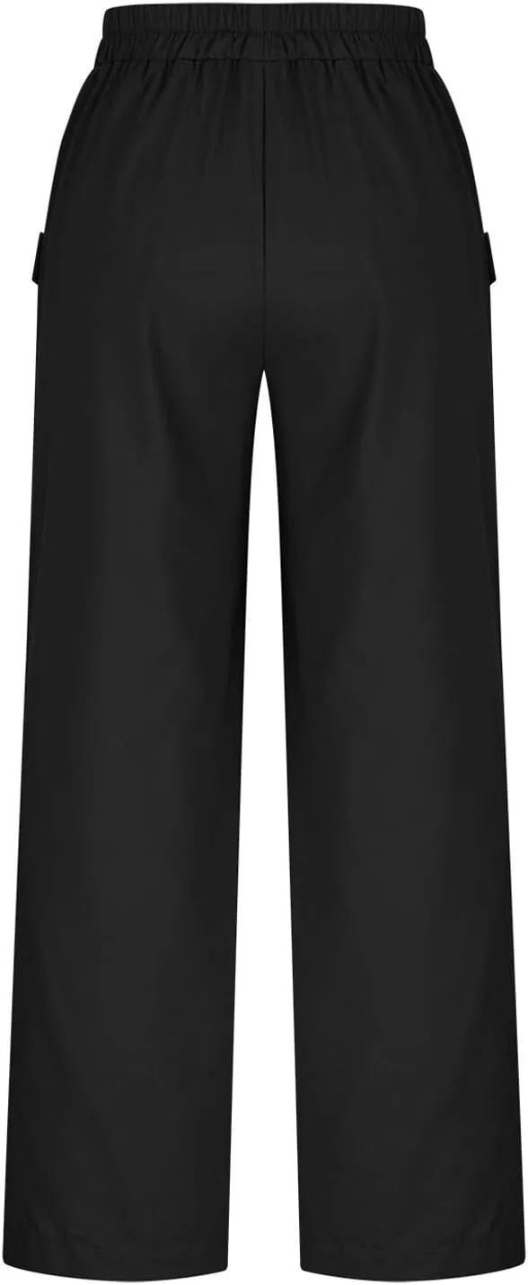 Women Wide Leg Casual Pants Cotton Linen Summer Lightweight Drawstring Elastic Waist Lounge Beach Palazzo with Pockets