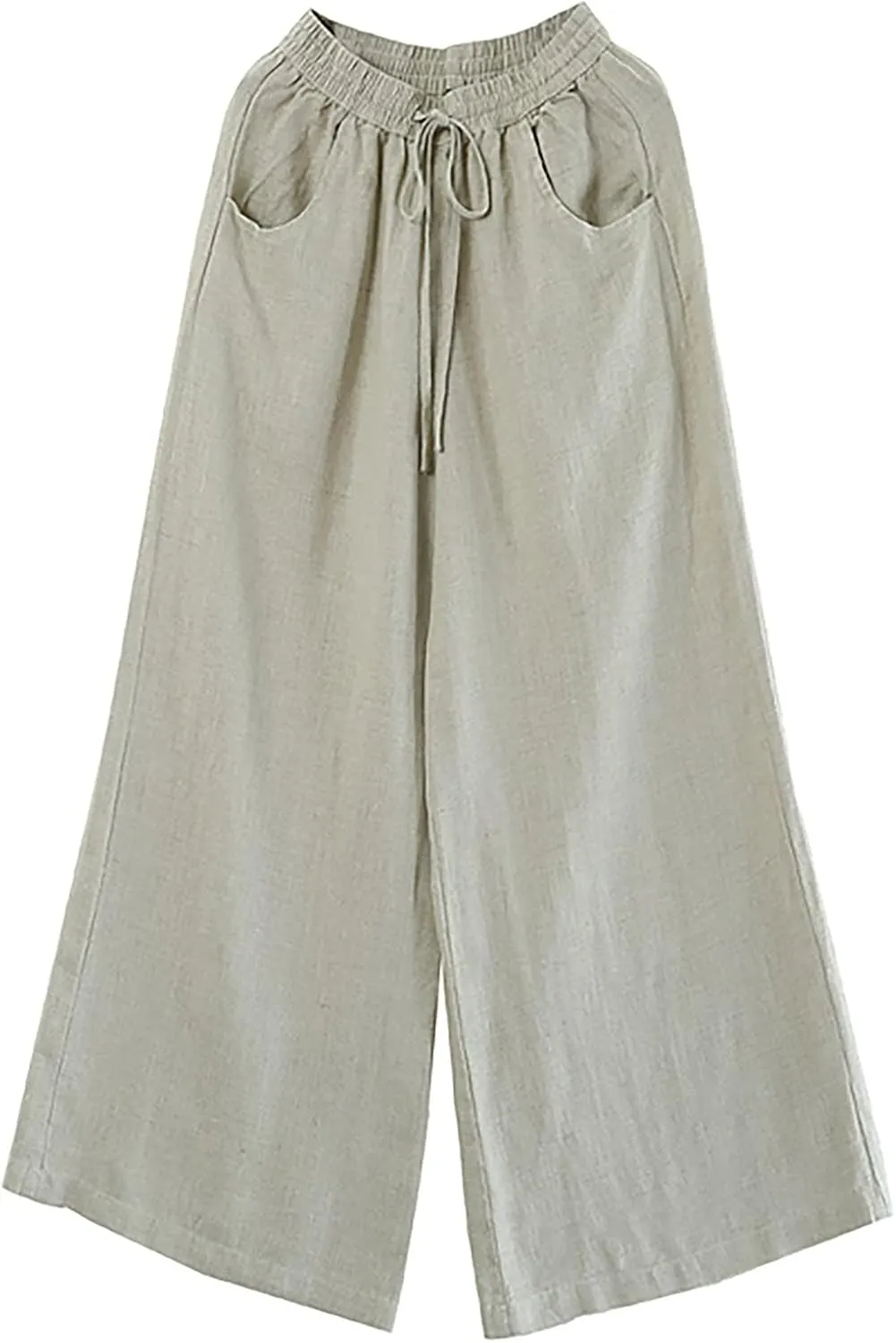 Women Wide Leg Pants with Pockets Cotton Linen Elastic Waist Slacks 2025 Spring Summer Drawstring Palazzo Trousers