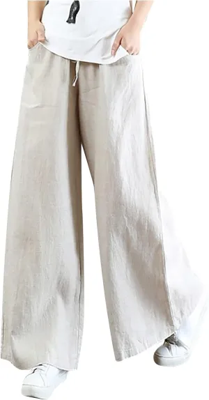Women Wide Leg Pants with Pockets Cotton Linen Elastic Waist Slacks 2025 Spring Summer Drawstring Palazzo Trousers